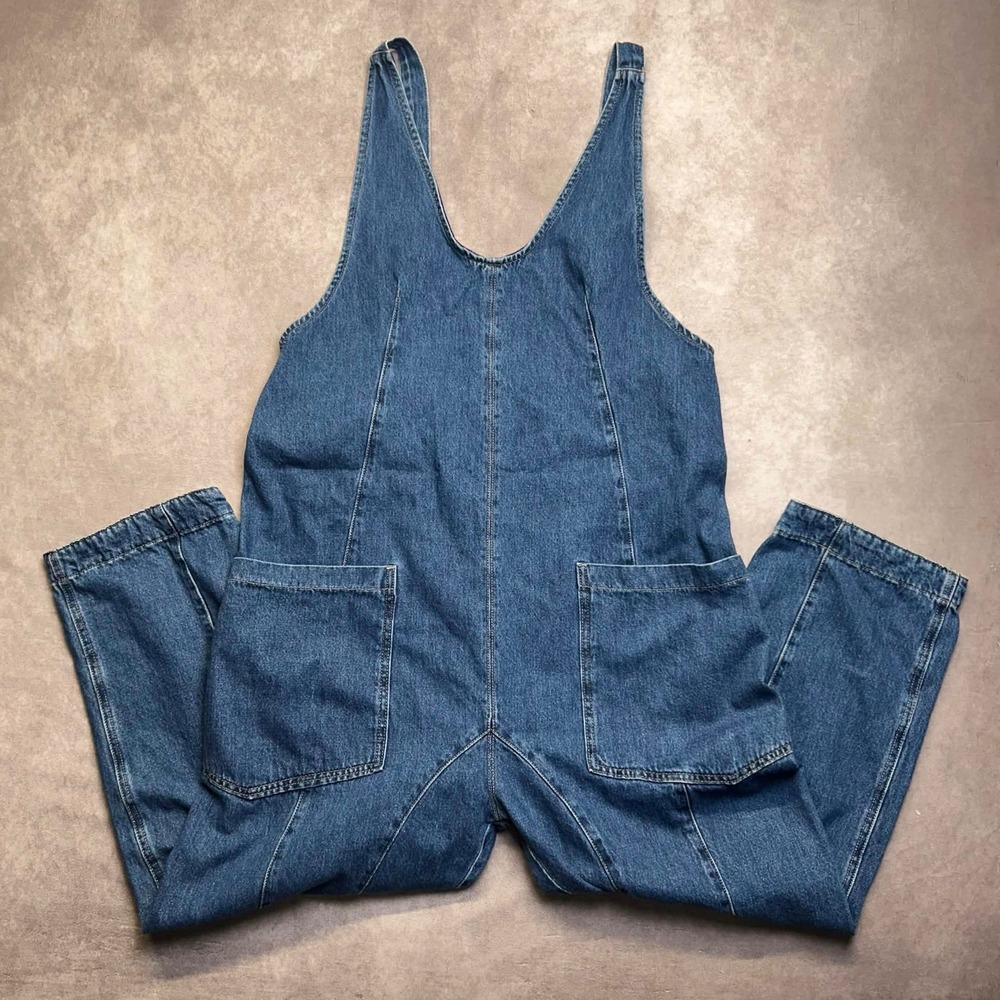 We The Free Free People Blue Denim Relaxed Overalls Jumpsuit Pockets Size L
